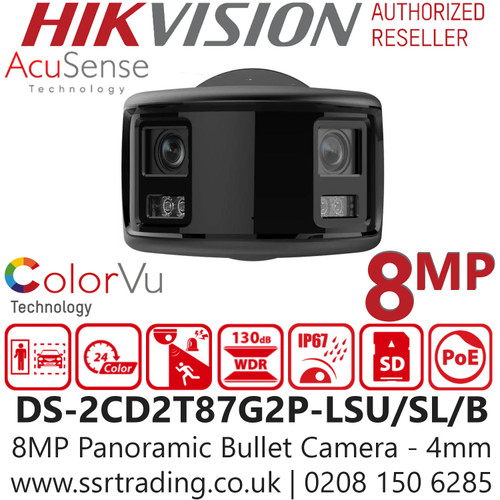 Hikvision 8MP Panoramic ColorVu AcuSense Fixed Lens Bullet IP PoE Camera - DS-2CD2T87G2P-LSU/SL/Black (4mm) 