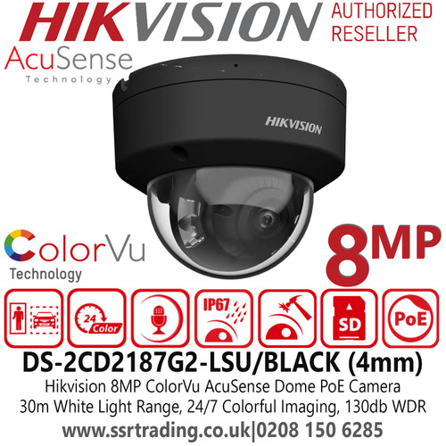 DS-2CD2187G2-LSU/Black (4mm) Hikvision 8MP/4K ColorVu AcuSense Fixed Lens Black Dome IP PoE Camera 