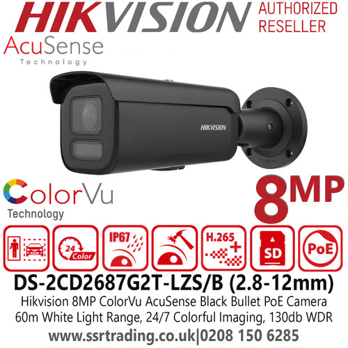 Hikvision 24/7 Colorful Imaging 8MP Motorize Varifocal Black IP PoE Camera - DS-2CD2687G2T-LZS/Black (2.8-12mm)