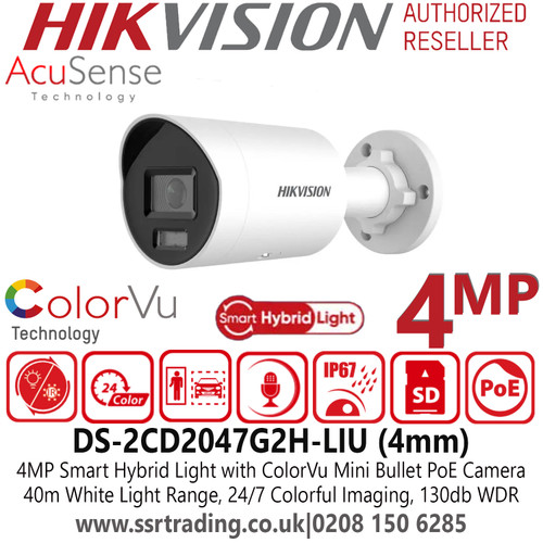 Hikvision 4MP Smart Hybrid Light with ColorVu Mini Bullet IP PoE Camera  - DS-2CD2047G2H-LIU (4mm) 