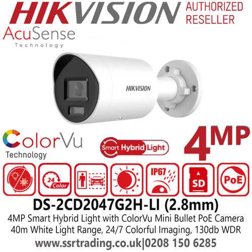 Hikvision 4MP IP PoE Smart Hybrid Light with ColorVu Mini Bullet Camera, Water and Dust Resistant (IP67), H.265+ Compression Technology, 40m White Light Range - DS-2CD2047G2H-LI (2.8mm)
