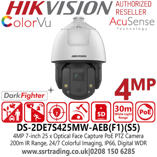 DS-2DE7S425MW-AEB(F1)(S5) Hikvision 4MP IP PoE PTZ Camera with AcuSense, DarkFighter, ColorVu Technology, 30m White Light Range, 200m IR Range, Digital WDR, IP66, IK10 Vandal Resistant, Face Capture,  25 x Optical Zoom 