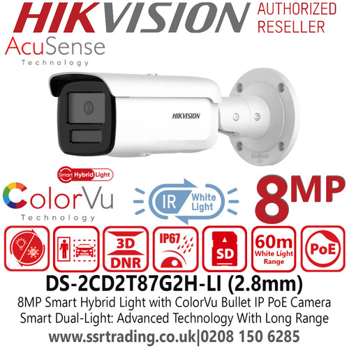Hikvision 8MP Smart Hybrid Light with ColorVu Bullet IP PoE Camera Smart Dual-Light: Advanced Technology With Long Range - DS-2CD2T87G2H-LI (2.8mm) 