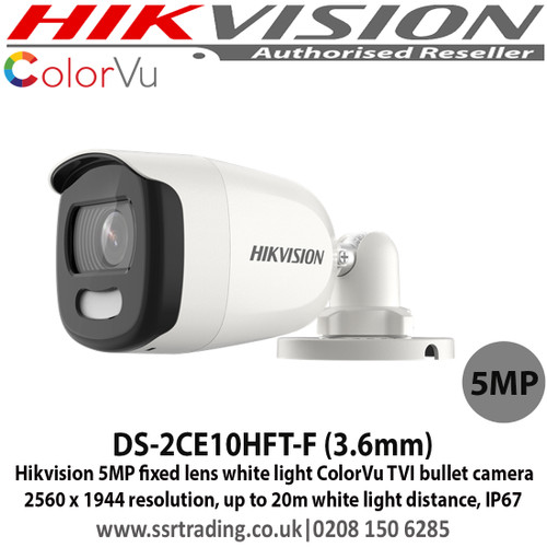 Hikvision 5MP 3.6mm fixed lens up to 20m white light distance IP67 WDR 24 hour color image ColorVu TVI/AHD/CVI/CVBS Bullet Camera - DS-2CE10HFT-F