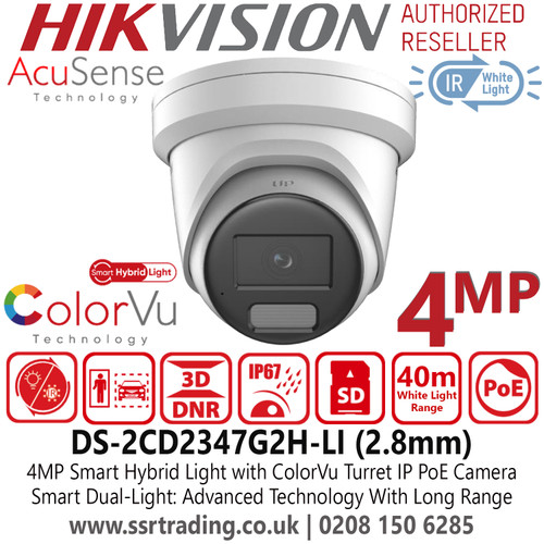 DS-2CD2347G2H-LI (2.8mm) Hikvision IP PoE 4MP Smart Hybrid Light Turret IP PoE Camera with 2.8mm Fixed Lens, 40m White Light Range, 130dB WDR, IP67 Water and Dust Resistant, ColorVu, AcuSense Technology 