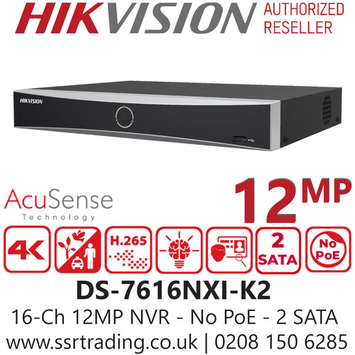 Hikvision 16 Ch 12MP AcuSense 4K 2 SATA H.265+ Compression NVR - DS-7616NXI-K2