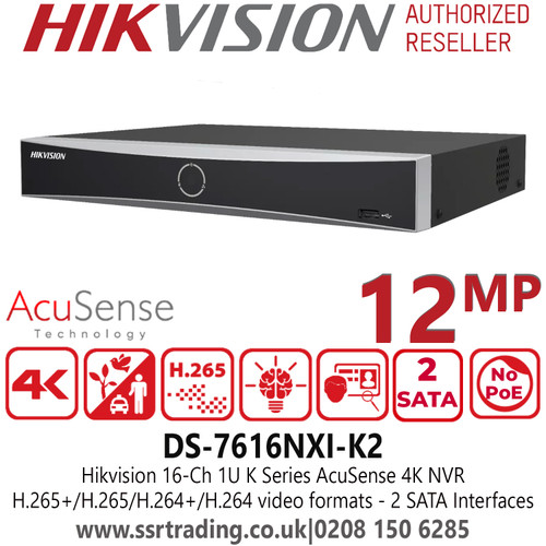 Hikvision 12MP 16 Channel AcuSense 2 SATA NVR, Up to 16-ch IP camera inputs, H.265+/H.265/H.264+/H.264 video formats, HDMI video output at up to 4K resolution - DS-7616NXI-K2