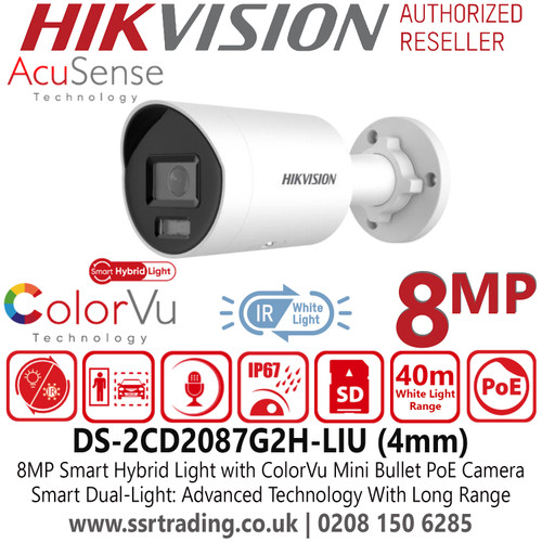 Hikvision 4K Smart Hybrid Light Audio IP PoE 8MP Camera with Built-in Microphone, 4mm Fixed Lens, 40m White Light Range - DS-2CD2087G2H-LIU (4mm)