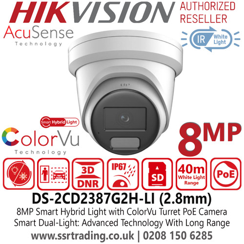 Hikvision 8MP IP PoE Outdoor ColorVu Smart Hybrid Light Turret Camera with 2.8mm Fixed Lens, 40m White Light Range, IP67 Water and Dust Resistant, 130dB WDR, H.265+ Compression Technology - DS-2CD2387G2H-LI (2.8mm) 