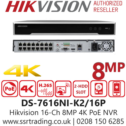 Hikvision 16 Channel 8MP/4K 16 PoE 2 SATA 4K NVR - DS-7616NI-K2/16P