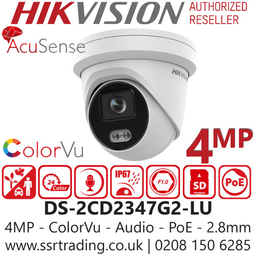 DS-2CD2347G2-LU (2.8mm) Hikvision 4MP ColorVu Fixed Lens Outdoor Network PoE Turret IP Camera - AcuSense - Built in MIC - 30m White Light Range 