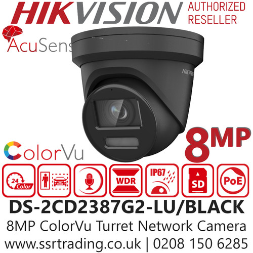  DS-2CD2387G2-LU/BLACK (2.8mm) Hikvision 8MP ColorVu AcuSense Fixed Lens Black Turret Network PoE Camera - Built-in microphone - 30m White Light Range