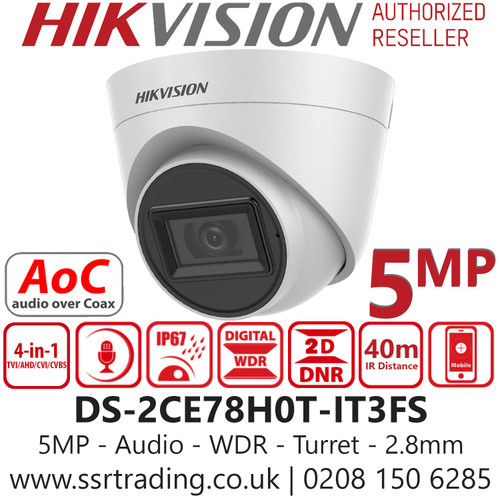 Hikvision DS-2CE78H0T-IT3FS (2.8mm) 5MP Audio AoC EXIR Turret Camera with 40m IR Range