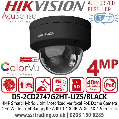 Hikvision DS-2CD2747G2HT-LIZS/BLACK (2.8-12mm) 4MP Smart Hybrid Light IP PoE Camera with 40m White Light Range, IP67, IK10, 130dB WDR, ColorVu Technology