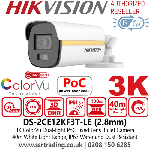 Hikvision 3K ColorVu Dual-light PoC Bullet Camera with 2.8mm Lens, 40m White Light Range, 130dB WDR, IP67 Water and Dust Resistant, 24/7 Color Imaging with F1.0 Aperture - DS-2CE12KF3T-LE (2.8mm)