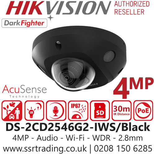 Hikvision DS-2CD2546G2-IWS/Black AcuSense DarkFighter Audio Wi-Fi Mini Dome 4MP PoE Camera with 2.8mm Fixed Lens, 30m IR Range, IP67 Water and Dust Resistant, IK08 Vandal Proof, 120dB WDR 