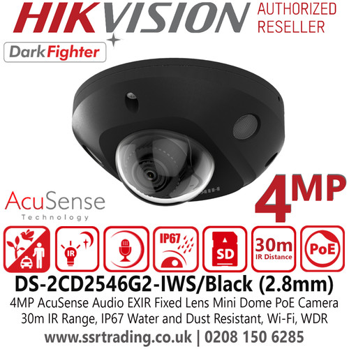 Hikvision 4MP Audio Wi-Fi Mini Dome AcuSense DarkFighter PoE Camera with 2.8mm Fixed Lens, 30m IR Range, IP67 Water and Dust Resistant, IK08 Vandal Proof, 120dB WDR - DS-2CD2546G2-IWS/Black