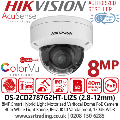 Hikvision DS-2CD2787G2HT-LIZS 8MP/4K Smart Hybrid Light ColorVu Dome IP PoE Camera with 2.8-12mm Motorized Varifocal Lens, 40m White Light Range, IP67 Water and Dust Resistant, IK10 Vandal Resistant 
