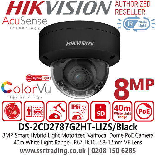 Hikvision IP PoE 8MP Smart Hybrid Light Color Dome Camera with 2.8-12mm Motorized Varifocal Lens, 40m White Light Range, IP67 Water and Dust Resistant, IK10 Vandal Resistant, 130dB WDR - DS-2CD2787G2HT-LIZS /Black(2.8-12mm)