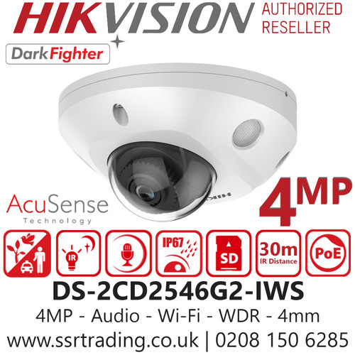 Hikvision 4MP IP PoE Audio Wi-Fi Darkfighter Mini Dome Camera with 4mm Fixed Lens, 30m IR Range, IP67 Water and Dust Resistant, IK08 Vandal Proof - DS-2CD2546G2-IWS (4mm)