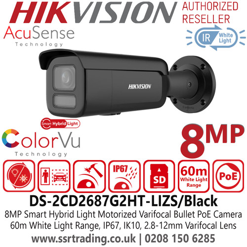Hikvision 4K Smart Hybrid Light 8MP PoE Camera with 2.8-12mm Motorized Varifocal Lens, 60m White Light Range, Water and Dust Resistant (IP67) and Vandal Resistant (IK10)  - DS-2CD2687G2HT-LIZS/Black (2.8-12mm)