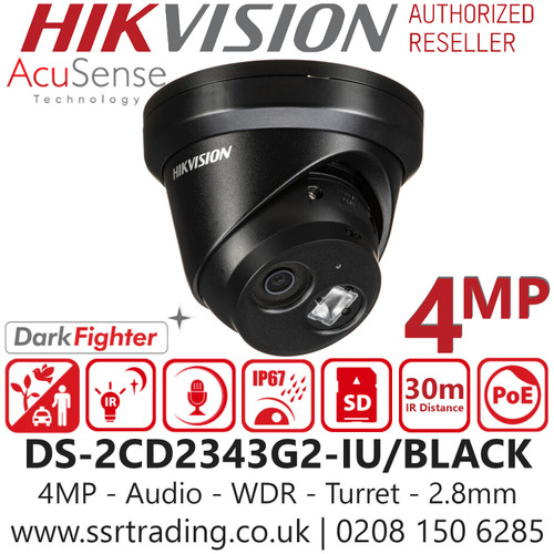 Hikvision 4MP IP PoE AcuSense Turret Black Camera with 2.8mm Fixed Lens, Built in Mic, IP67 - DS-2CD2343G2-IU/Black (2.8mm)