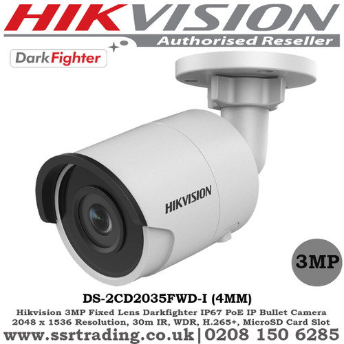  Hikvision 3MP 4mm Fixed Lens 30m IR Darkfighter Ultra Low-Light IP67 IP Network Bullet Camera - (DS-2CD2035FWD-I)