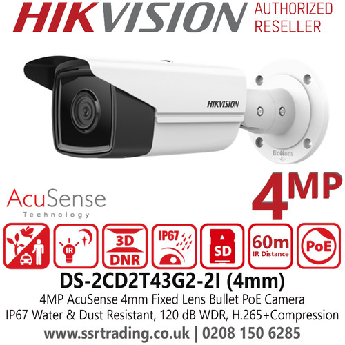 Hikvision 4MP AcuSense Outdoor Bullet IP PoE Camera with 4mm Fixed Lens, 60m IR Range, IP67 Water and Dust Resistant - DS-2CD2T43G2-2I (4mm)