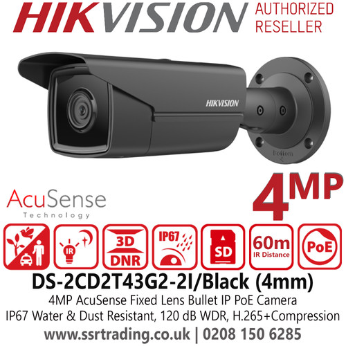 Hikvision 4MP IP PoE AcuSense Bullet Outdoor PoE Camera with 4mm Fixed Lens, 60m IR Distance, IP67, 120dB WDR - DS-2CD2T43G2-2I/Black (4mm)