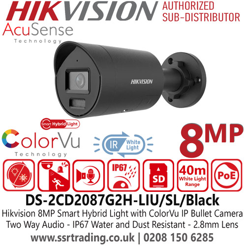 Hikvision IP PoE 8MP Smart Hybrid Light with ColorVu Fixed Lens Black Mini Bullet Camera with 2.8mm Fixed Lens, Two Way Talk, IP67 Water and Dust Resistant, 130dB WDR, AcuSense Technology - DS-2CD2087G2H-LIU/SL/Black (2.8mm Lens)