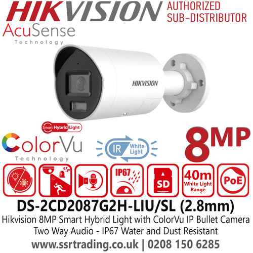 Hikvision DS-2CD2087G2H-LIU/SL 8MP IP PoE Smart Hybrid Light CCTV Camera, AcuSense Technology, 2.8mm Fixed Lens, Two Way Audio, IP67 Water and Dust Resistant, 130dB WDR 