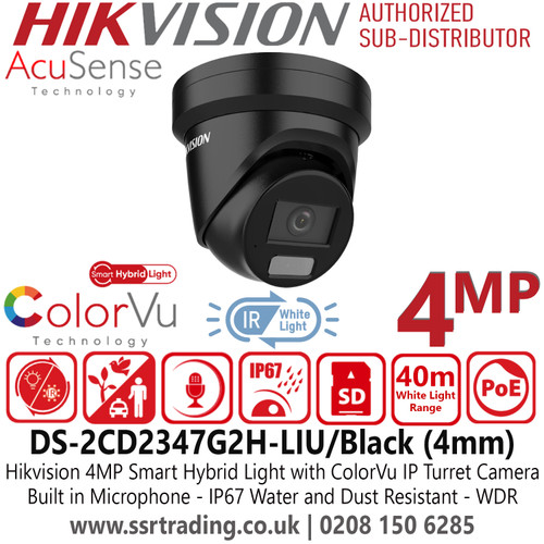  DS-2CD2347G2H-LIU/Black Hikvision 4MP Smart Hybrid Light ColorVu AcuSense IP PoE Black Turret Camera with 4mm Fixed Lens, IP67 Water and Dust Resistant, 40m White Light Range, Built in Microphone
