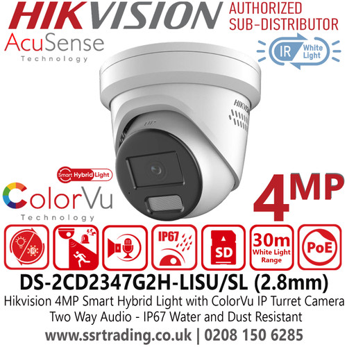 Hikvision 4MP Smart Hybrid Light Latest CCTV IP PoE Turret Camera with 2.8mm Fixed Lens, Two Way Audio, 30m White Light Range, IP67 Water and Dust Resistant, 130dB WDR, Strobe Light and Audio Alarm - DS-2CD2347G2H-LISU/SL (2.8mm)
