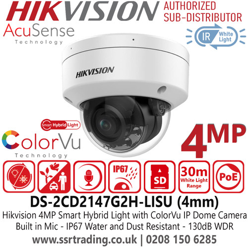 Hikvision 4MP Smart Hybrid Light Latest CCTV IP PoE Dome Camera with 4mm Fixed Lens, IP67 Water and Dust Resistant, 30m White Light Range, Built in Microphone - DS-2CD2147G2H-LISU (4mm)  