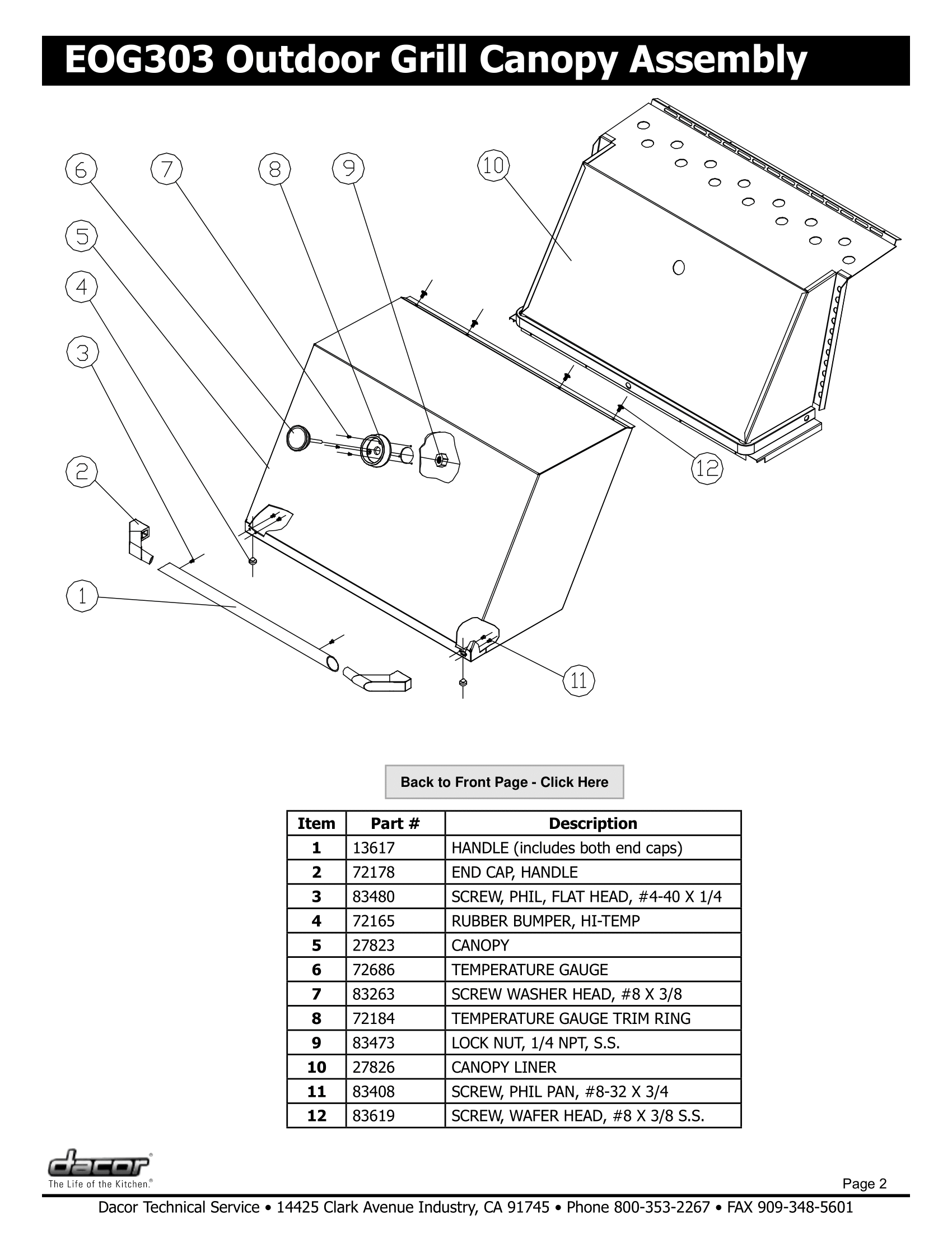 Dacor EOG303 Canopy Assembly Schematic