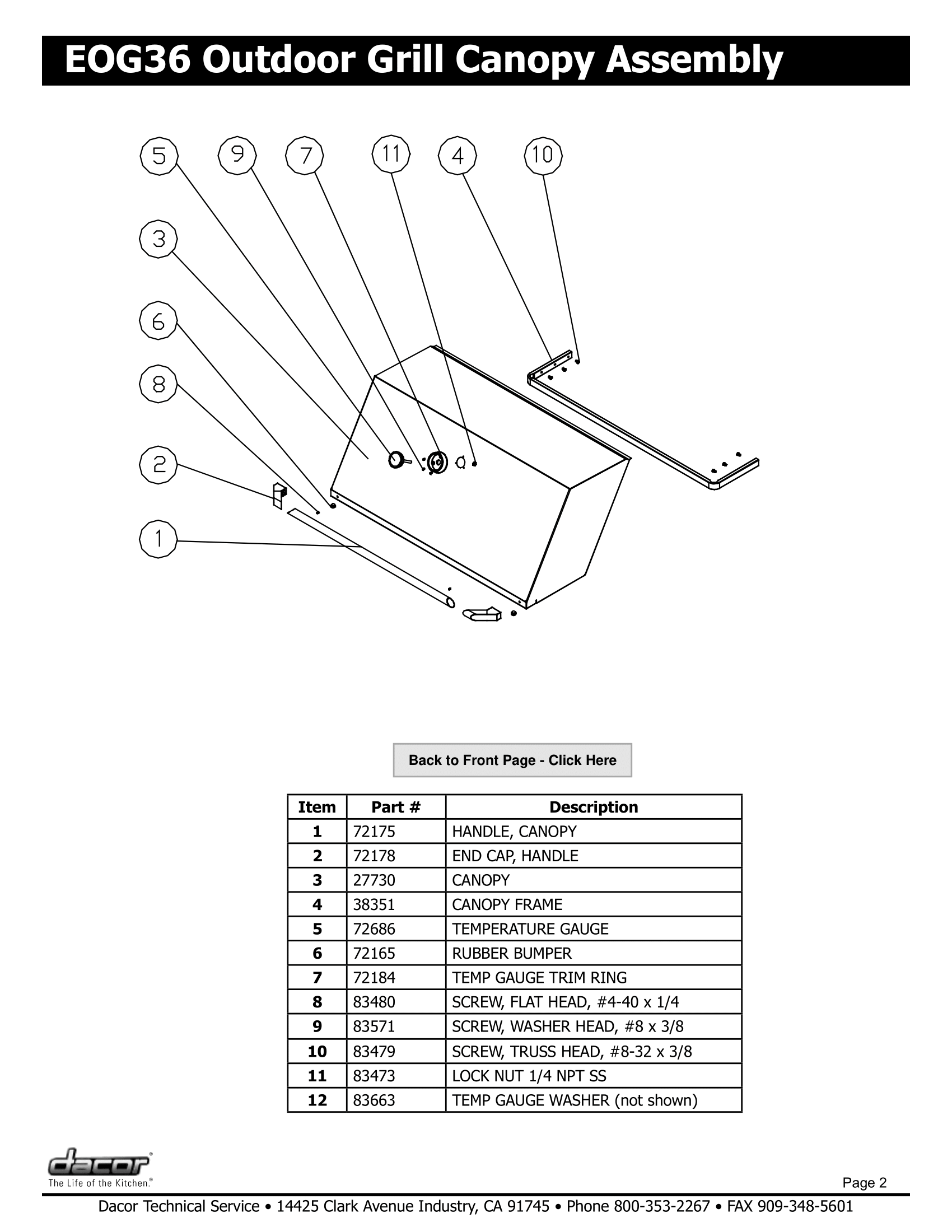 Dacor EOG36 Canopy Assembly Schematic