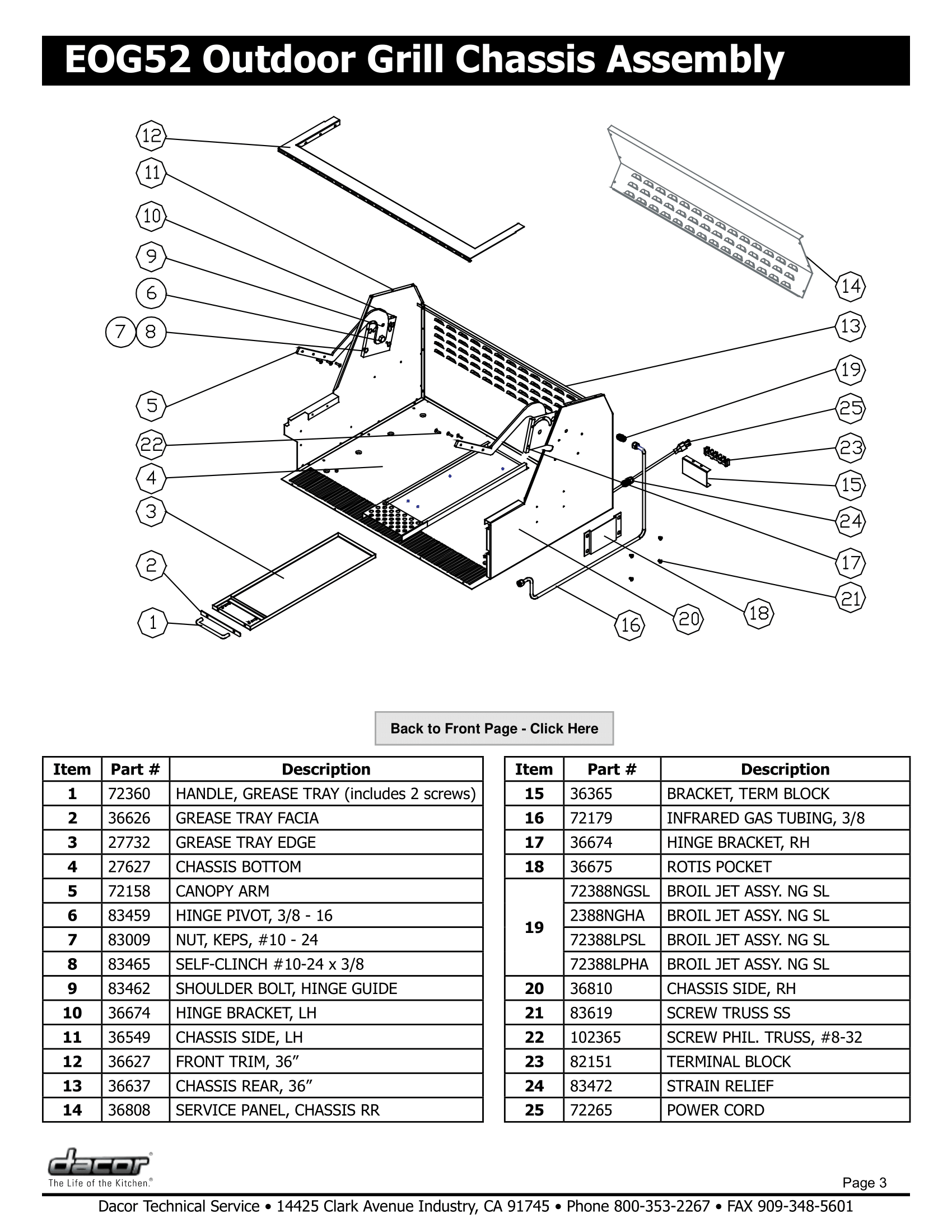 Dacor EOG52 Chassis Assembly Schematic