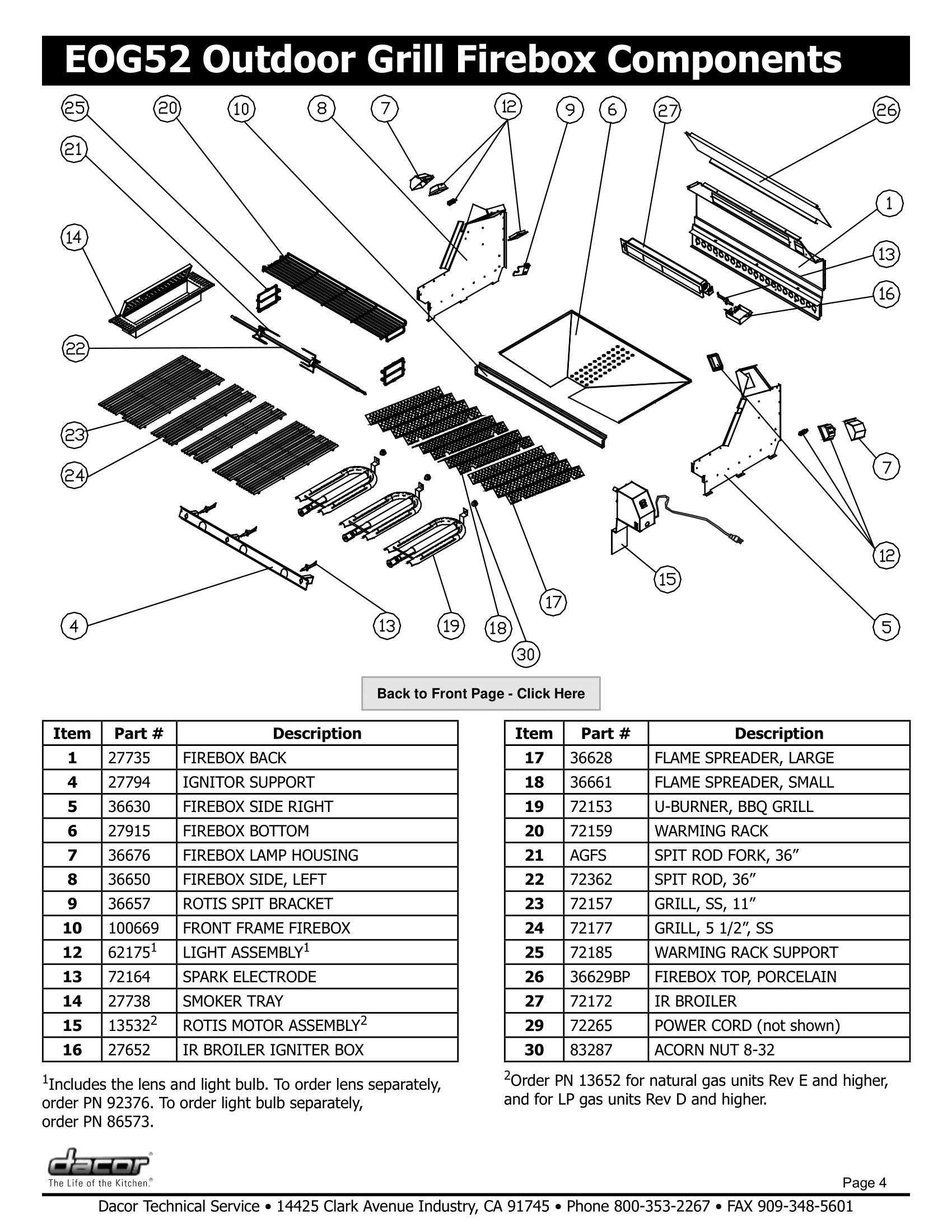 Dacor EOG52 Firebox Components Schematic