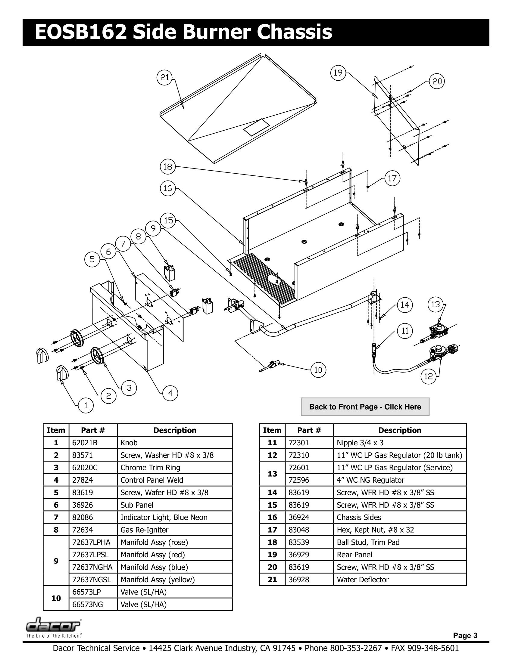 Dacor EOSB162 Side Burner Chassis Schematic