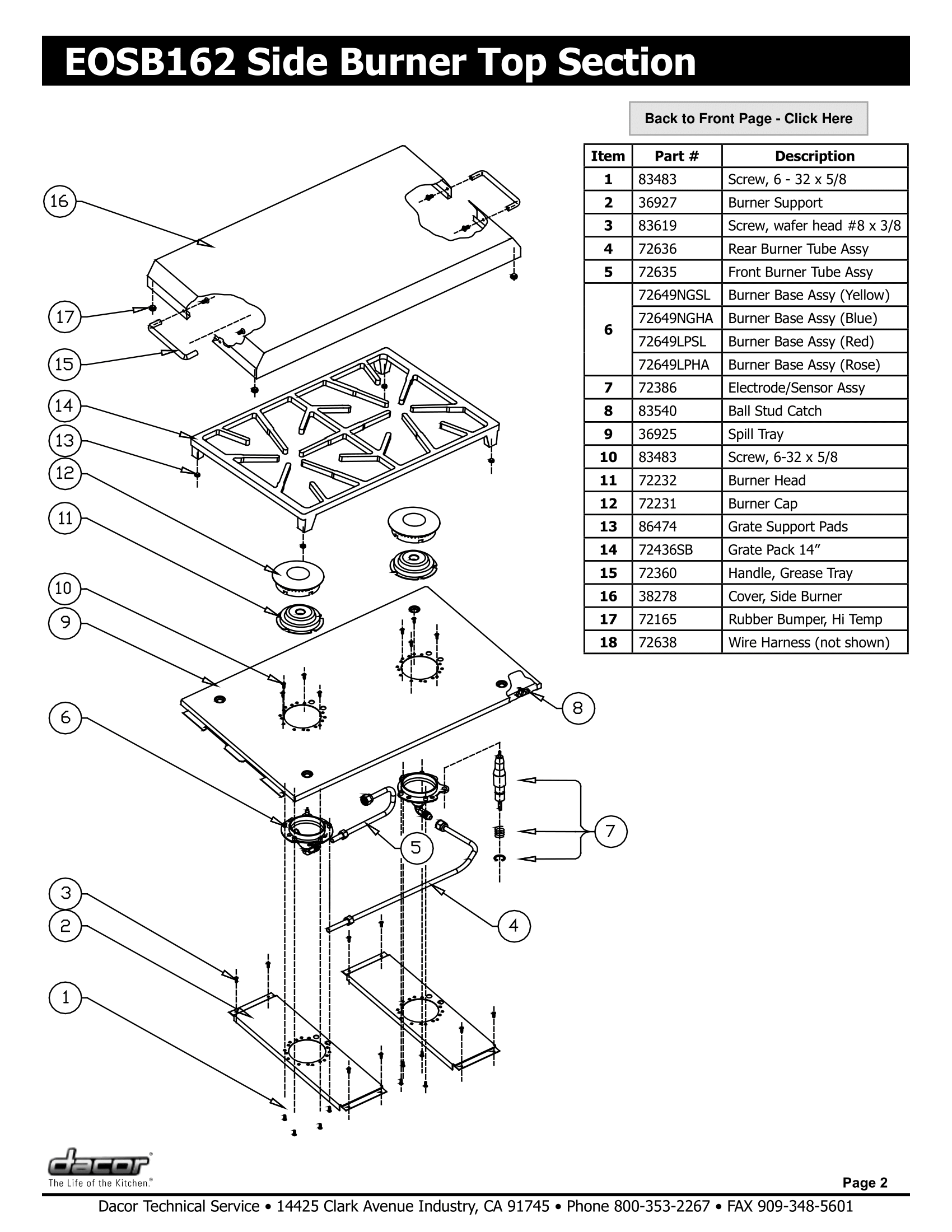 Dacor EOSB162 Top Section Schematic