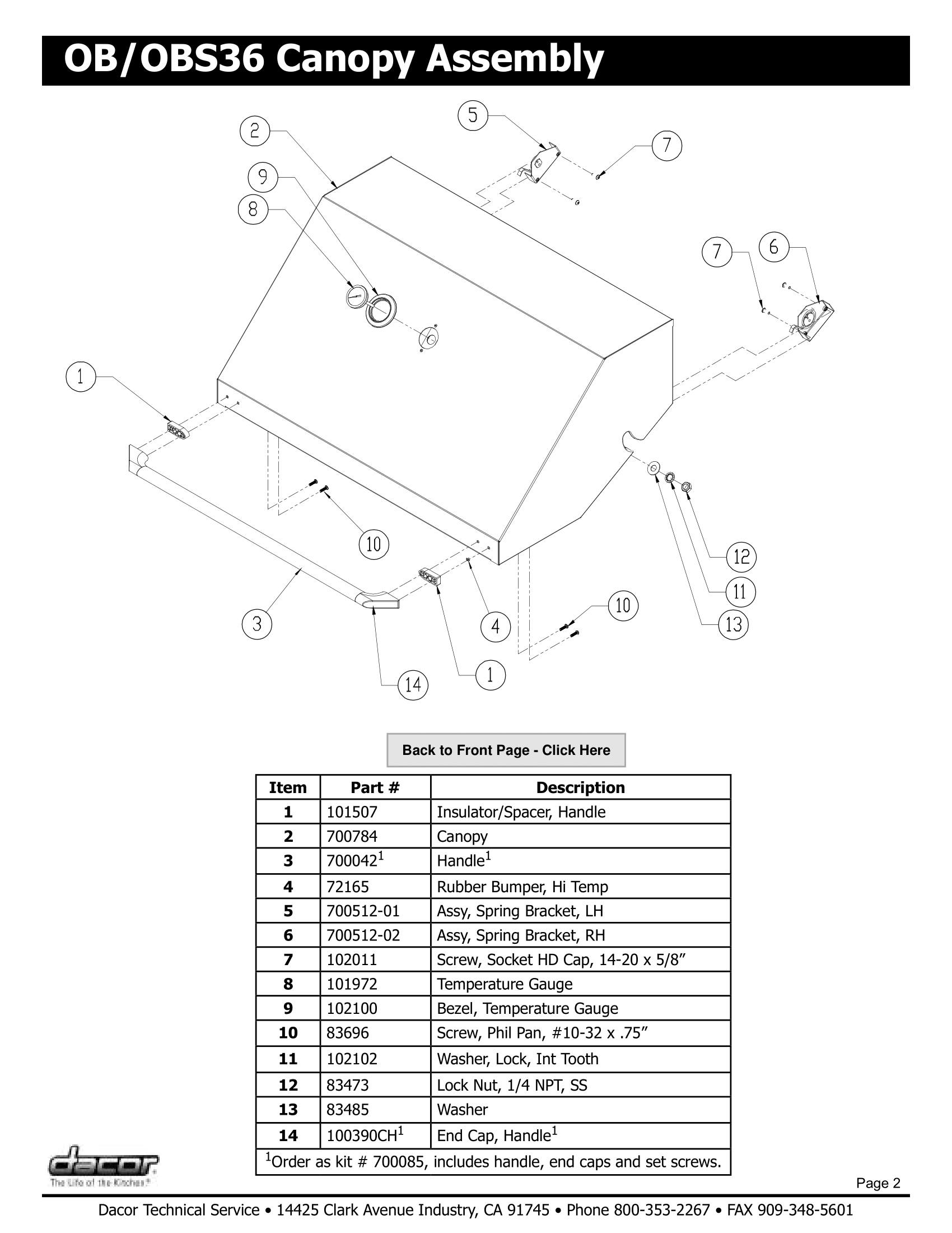 Dacor OB36 Canopy Assembly Schematic