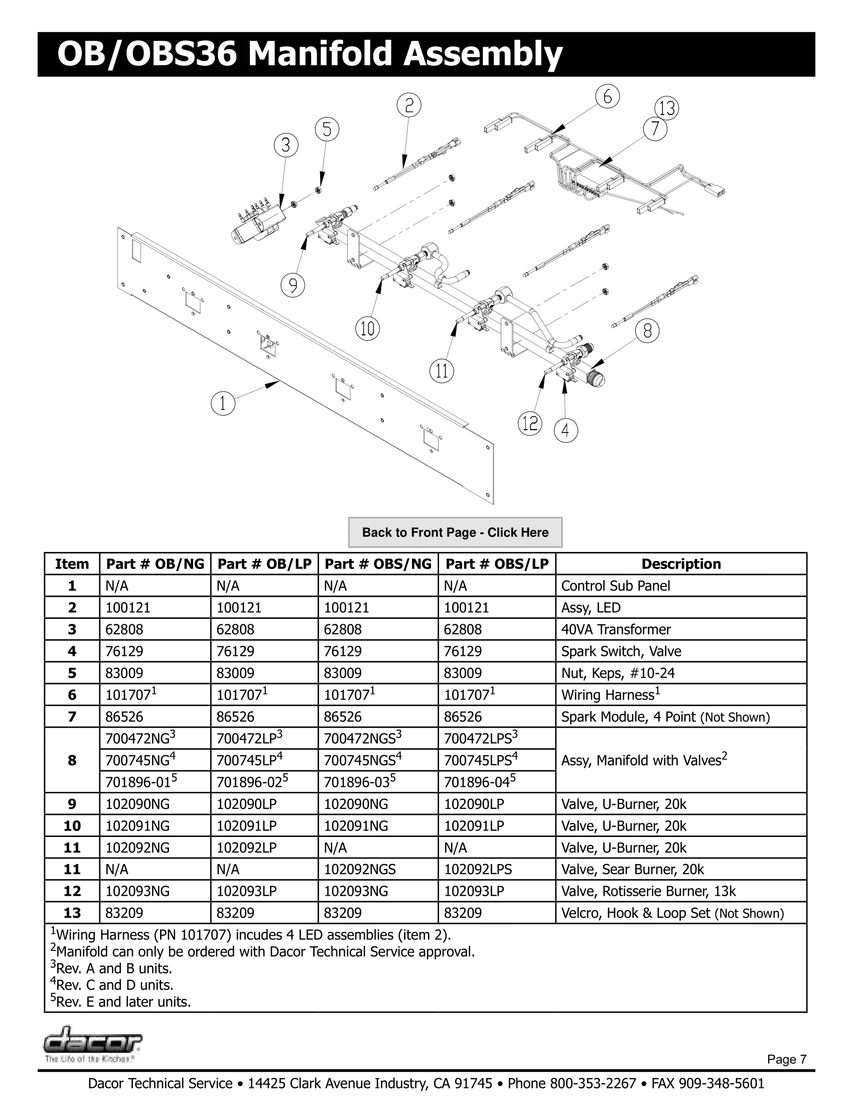 Dacor OB36 Manifold Assembly Schematic