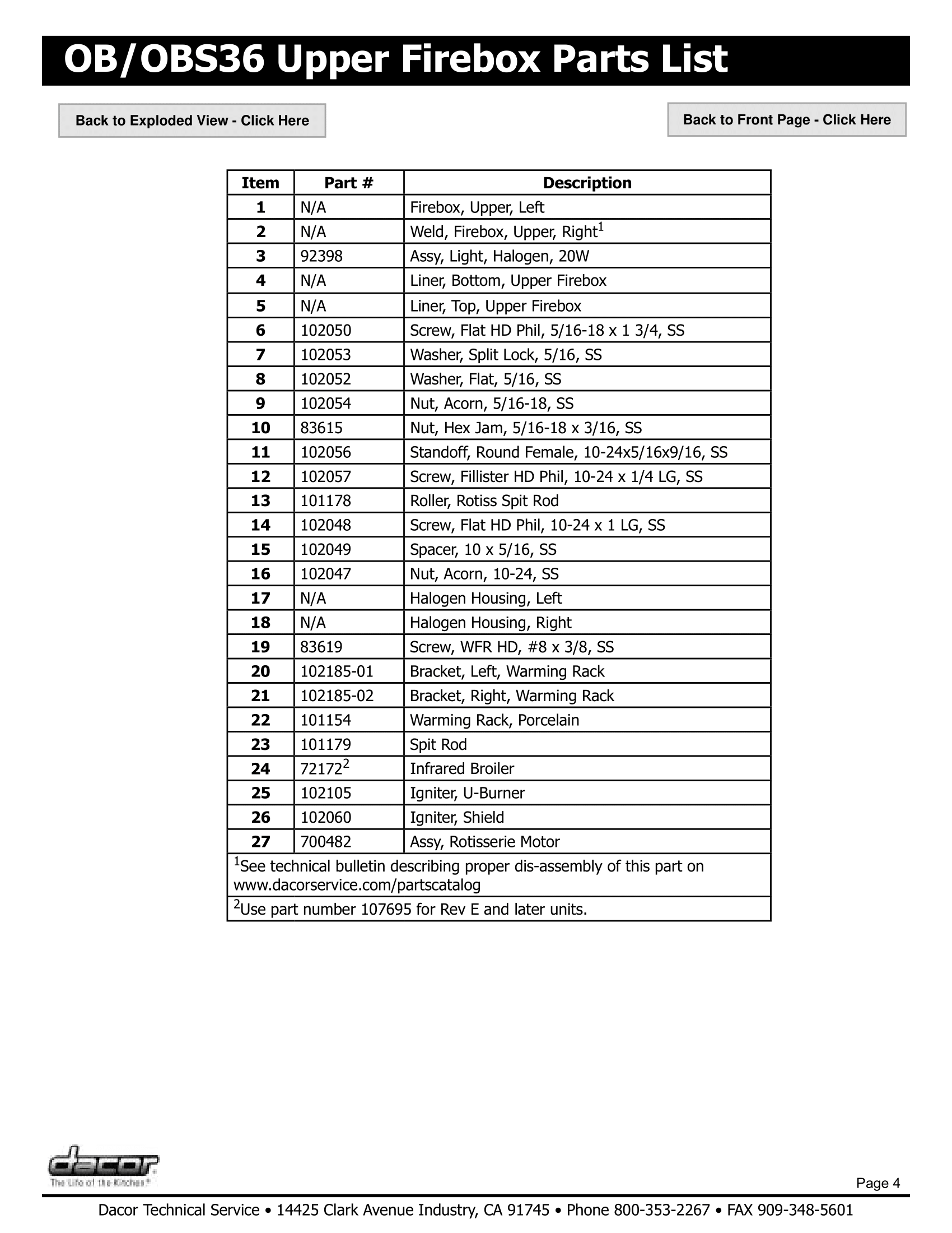 Dacor OB36 Upper Firebox Assembly Parts List