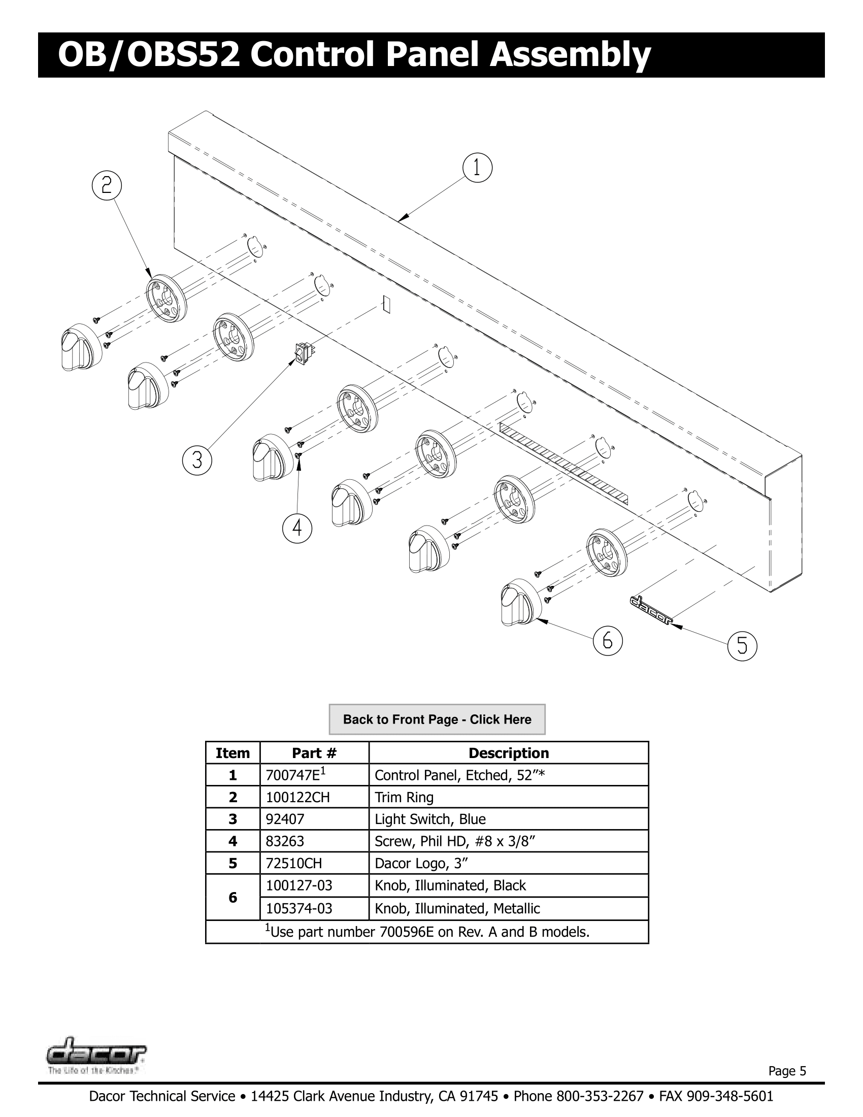 Dacor OB52 Control Panel Assembly Schematic