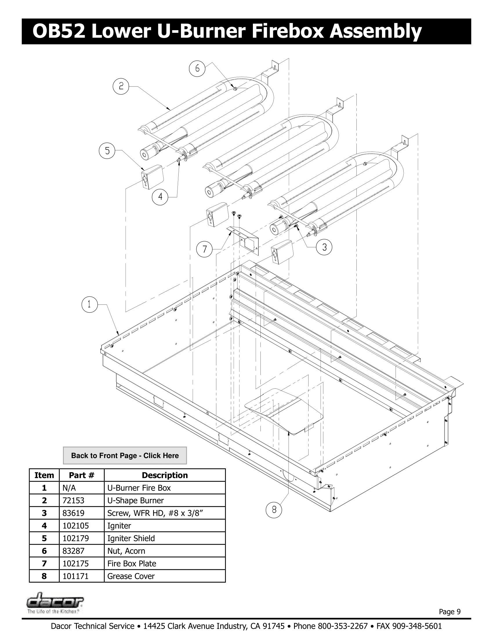 Dacor OB52 Lower U-Burner Firebox Assembly Schematic