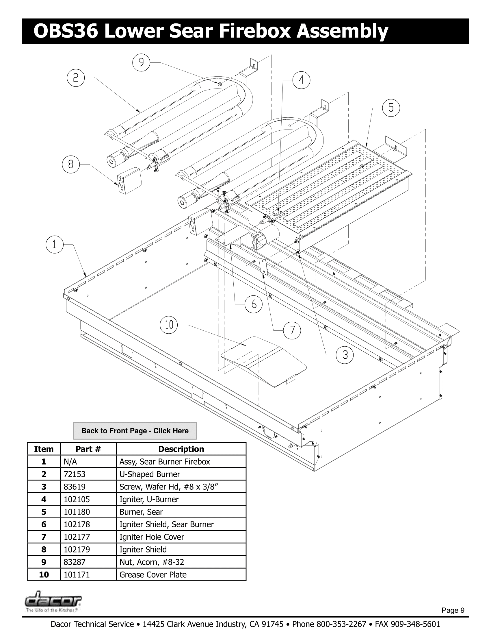 Dacor OBS36 Lower Sear Firebox Assembly Schematic