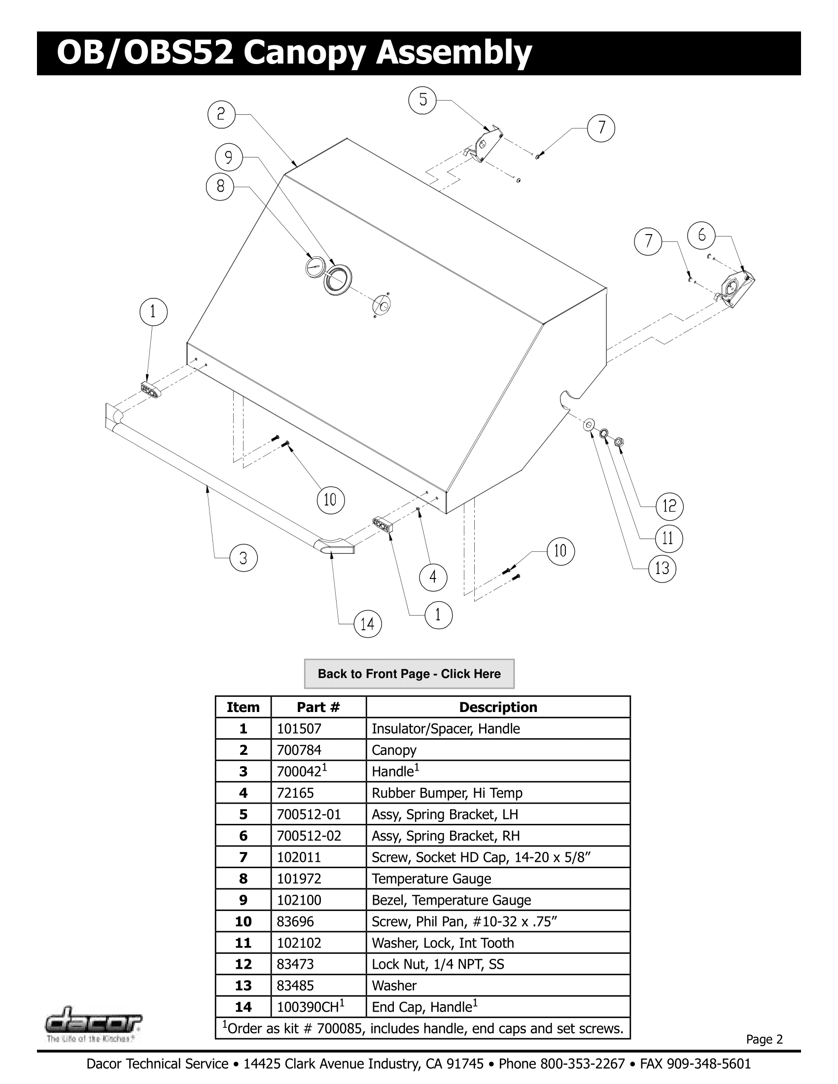 Dacor OBS52 Canopy Assembly Schematic