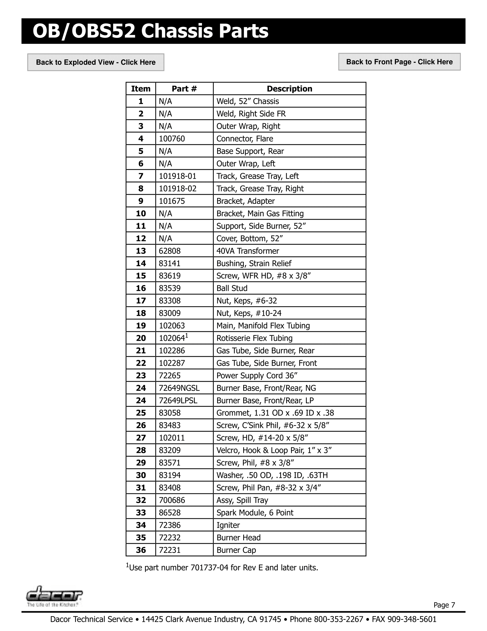 Dacor Dacor OBS52 Chassis Assembly Parts