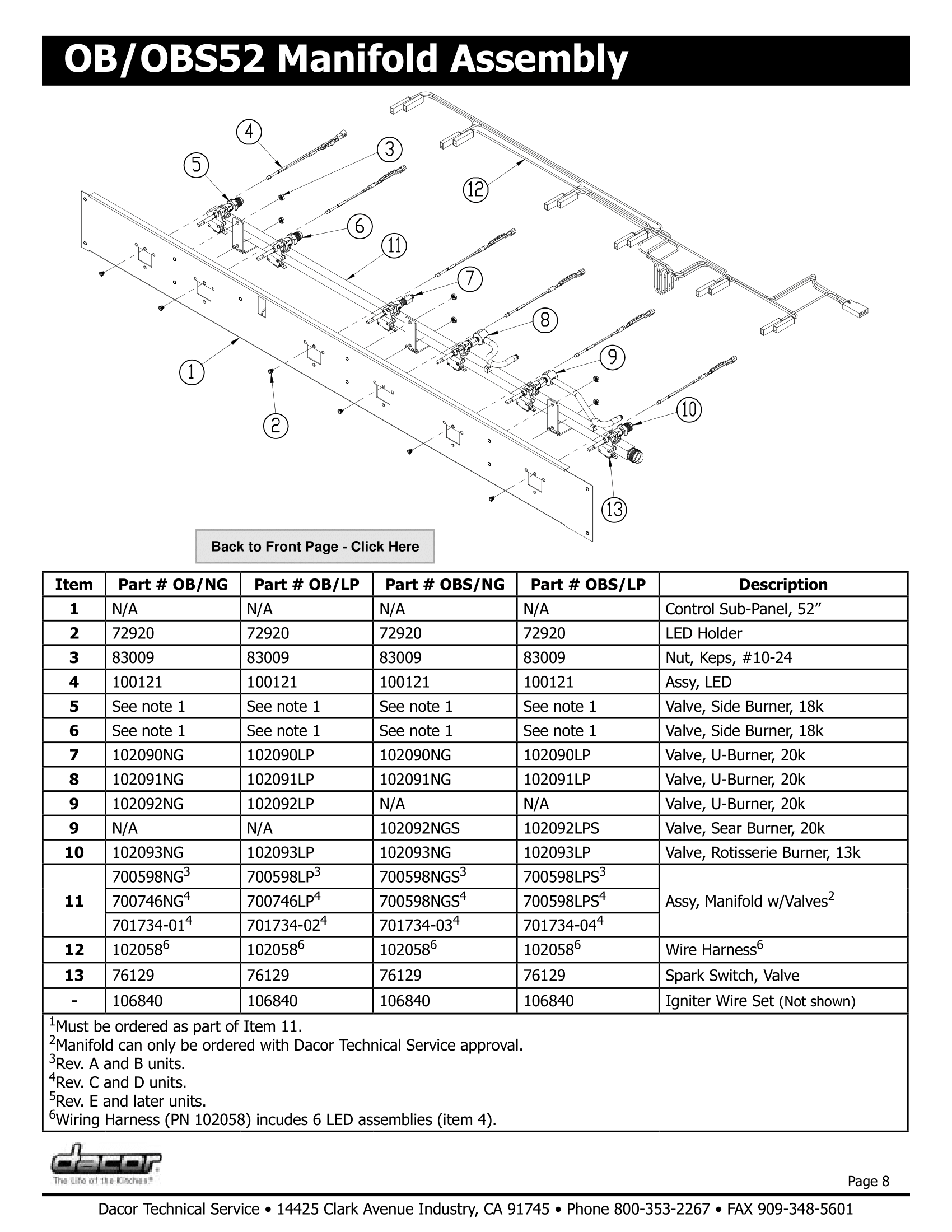 Dacor OBS52 Manifold Assembly Schematic