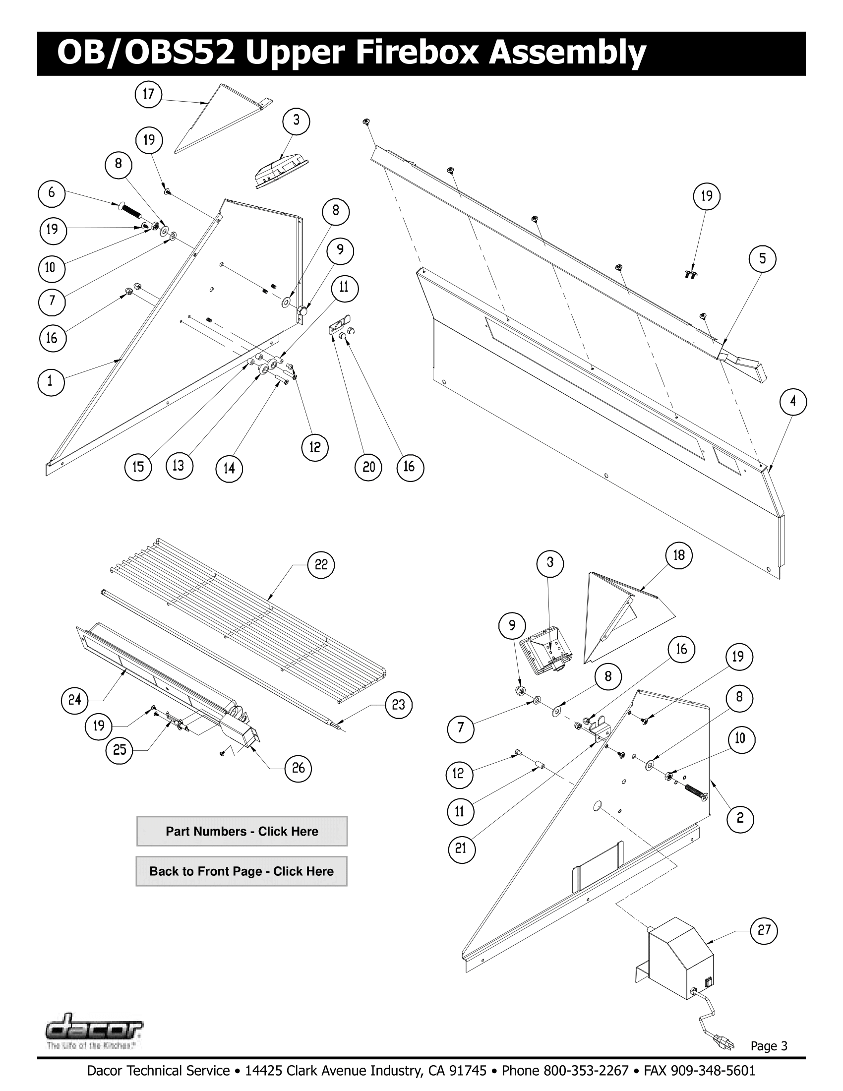 Dacor OBS52 Upper Firebox Assembly Schematic